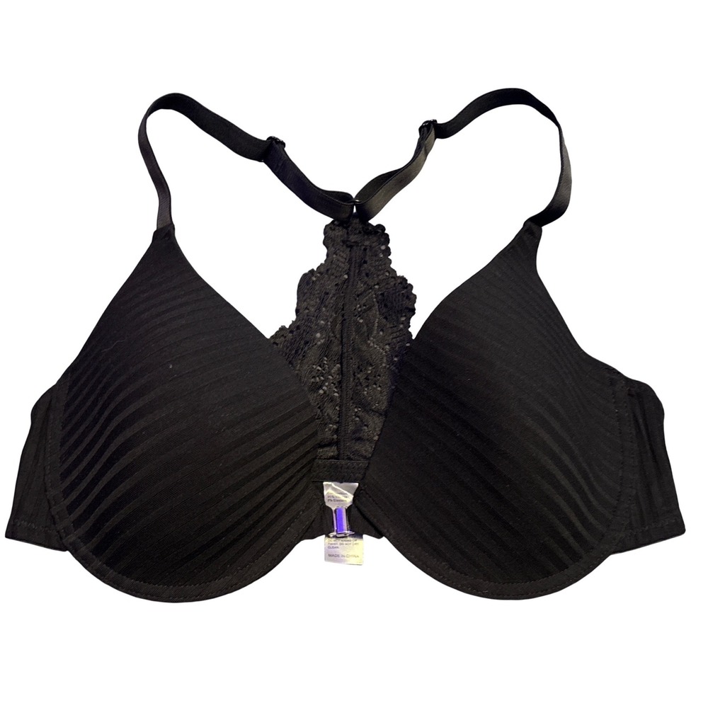Black Front Closure Lace Racerback Lightly Lined Underwire Bra 80D / US 36D